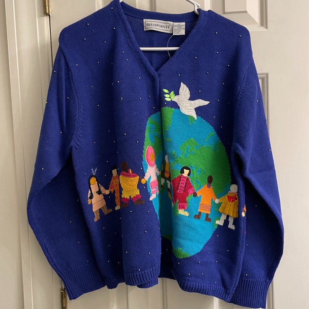 NWT Vintage BellePointe World Peace Blue Sweater Cardigan